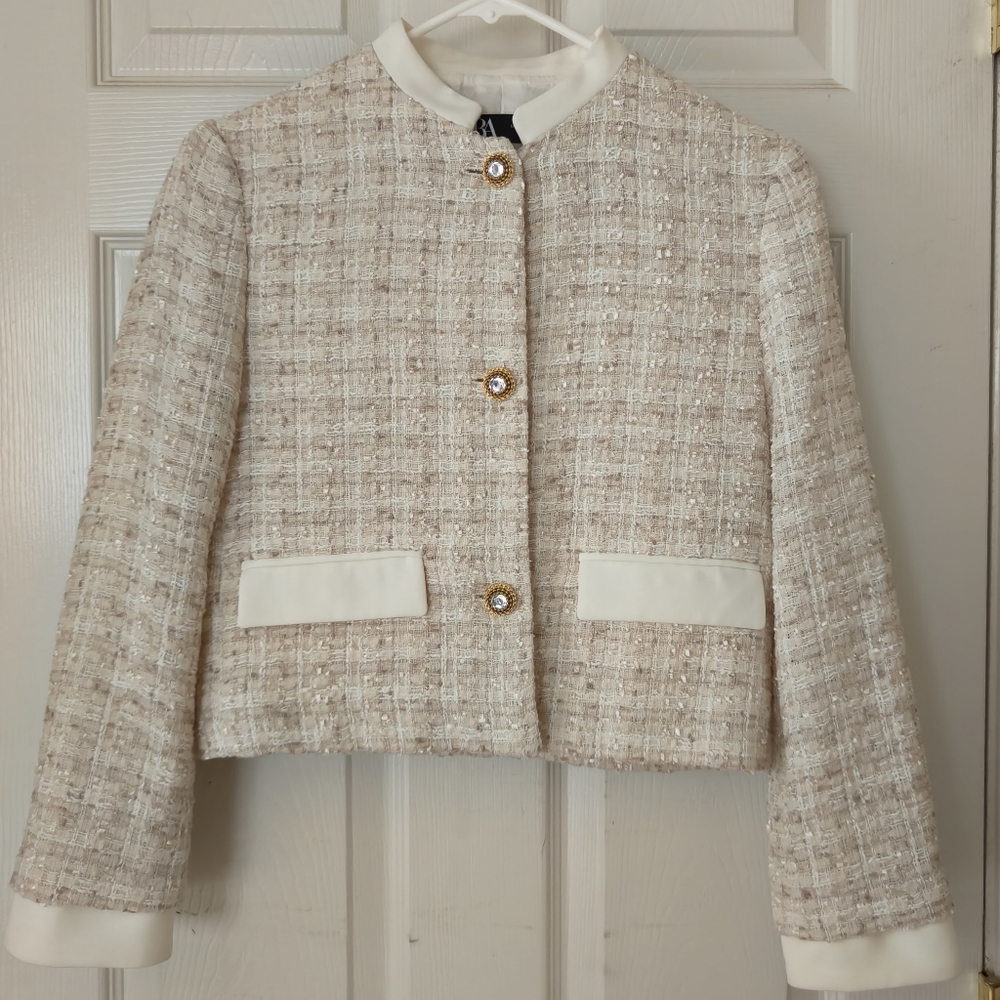 Zara Cream Tweed Blazer with Gold Buttons